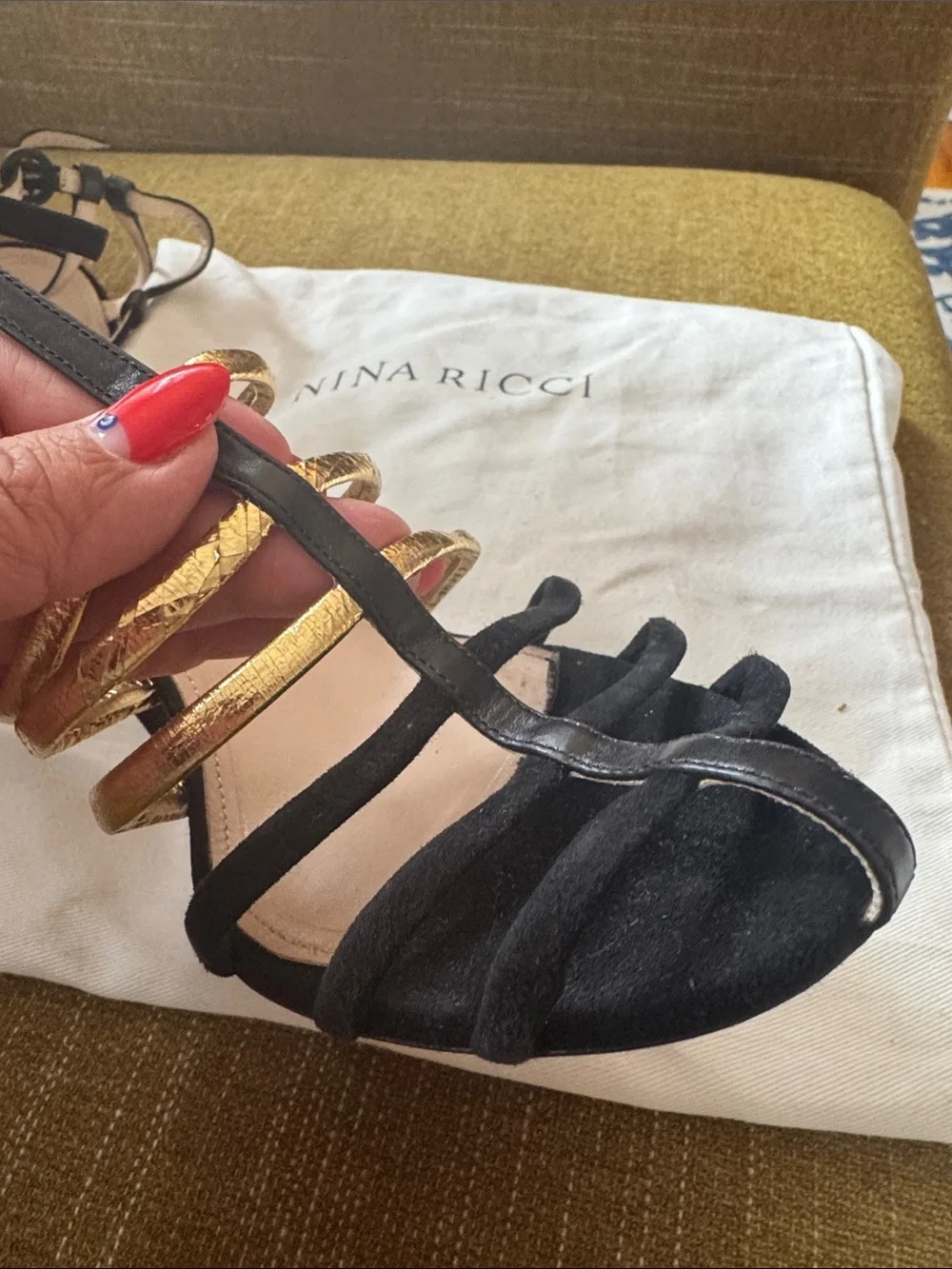 Nina Ricci Black and Gold Strappy T‑Bar Stiletto Sandals